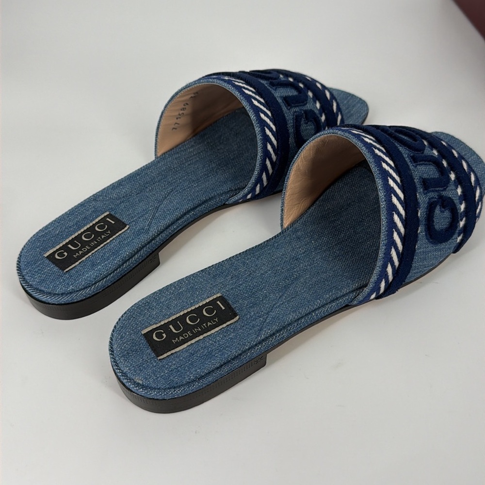 Gucci 39 Denim Jean Jane Logo Blue Stripe Slides Sandals E947 - Picture 4 of 14